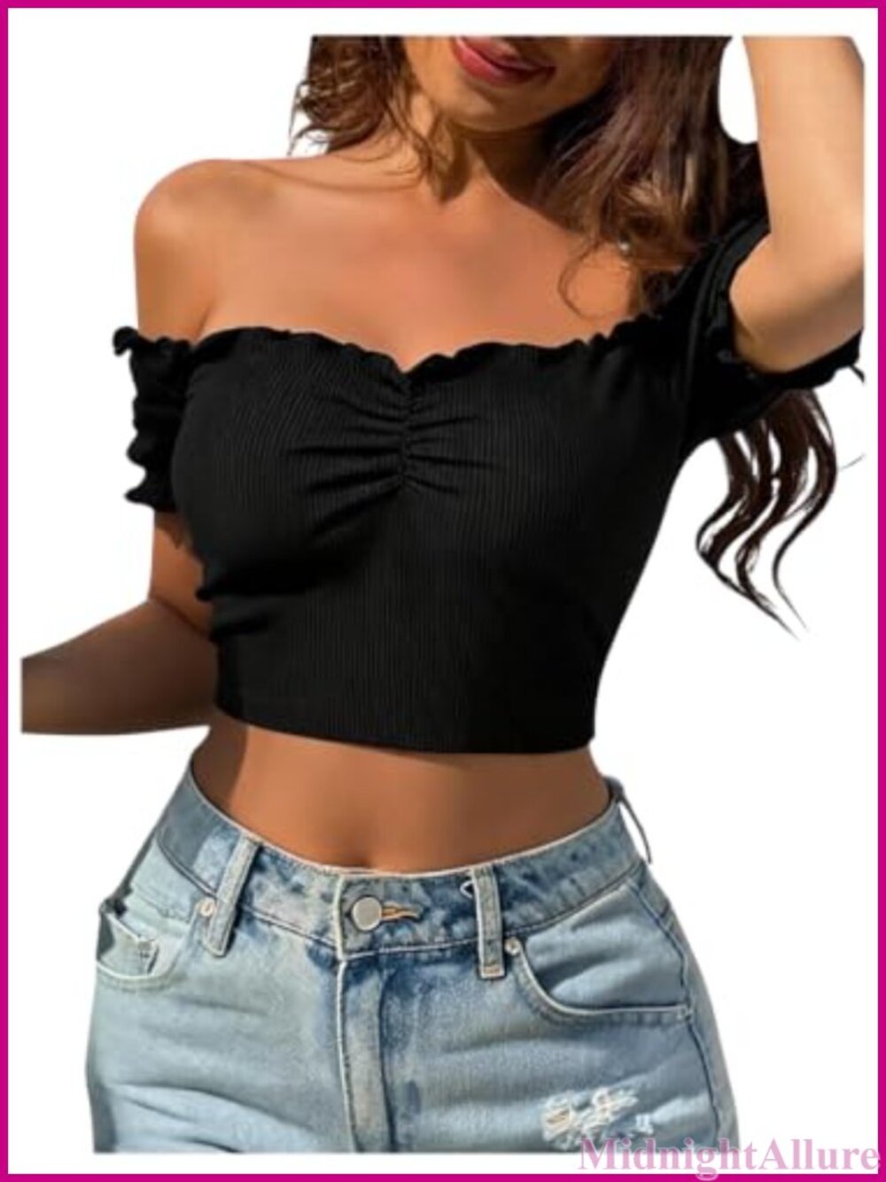Off Shoulder Ruffle Crop Top Open Back Short Sleeve Ribbed Knit - Picture 1 of 5